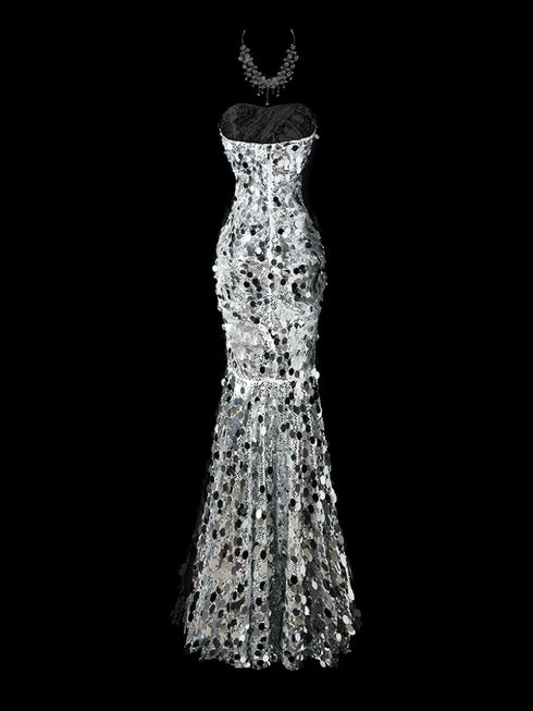 Silver Strapless Glitter Dress - Designer Sequin Gown - Silver Glitter Dress Plus Size